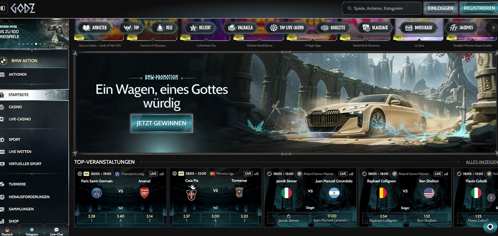 Godz Casino - Benutzeroberfläche