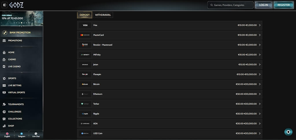 Godz Casino Payment Methods