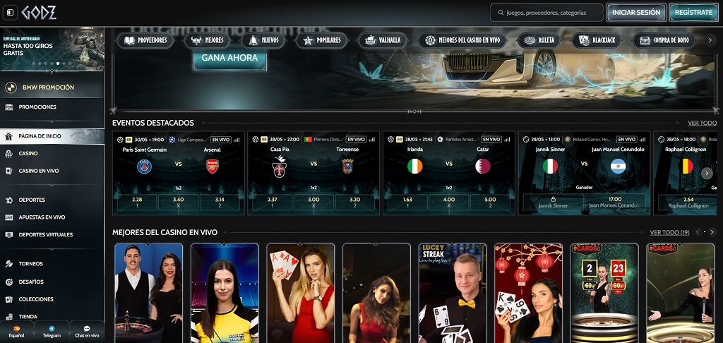 Interfaz del casino Godz