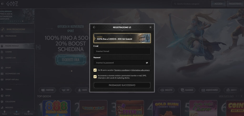 Registrazione al Casinò Godz