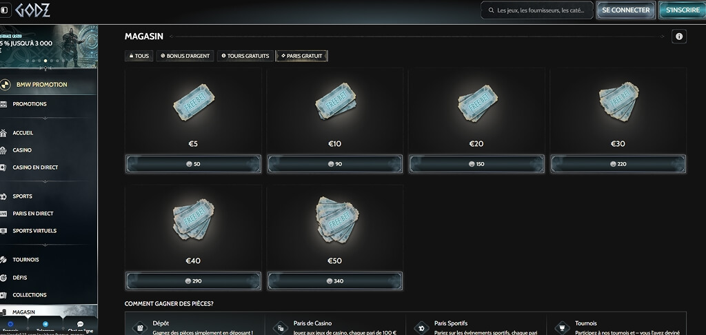 Boutique de bonus du casino Godz
