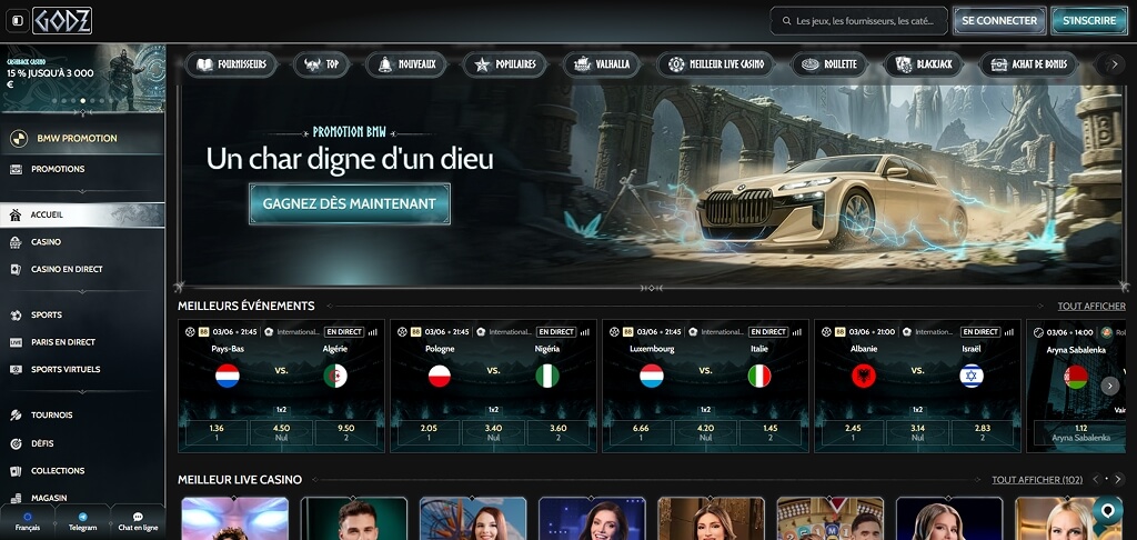 Interface du casino Godz